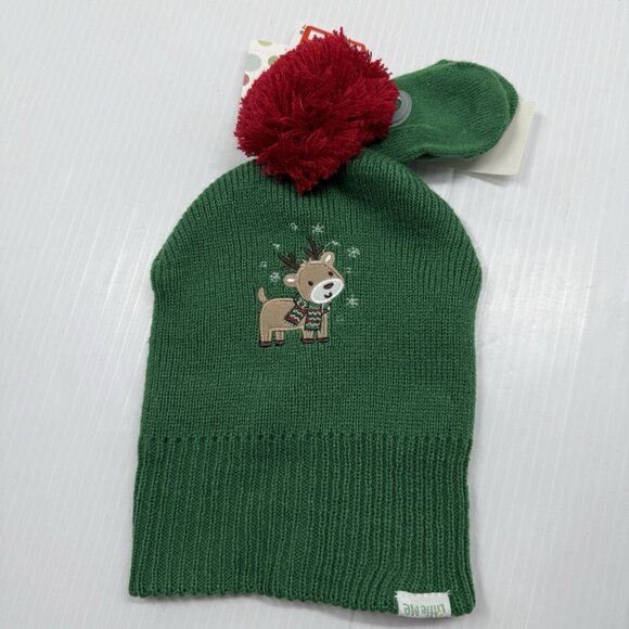 Little Me Reindeer Knit Hat 12-24M Green Red Pom Christmas Winter Beanie New NWT - Picture 2 of 7